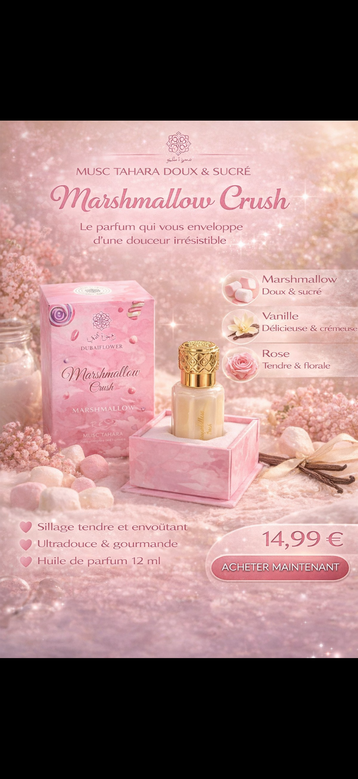Musc Tahara Marshmallow Crush – Parfum Intime Gourmand 12 ml – Dubaï Flower
