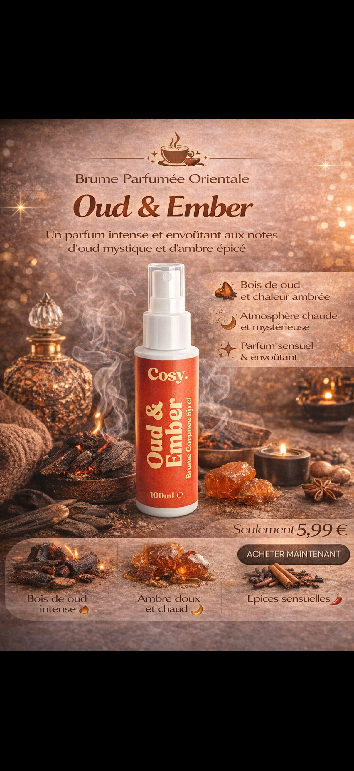 Brume Parfumée Oud & Ember – Cosy 100 ml – Parfum Oriental Intense