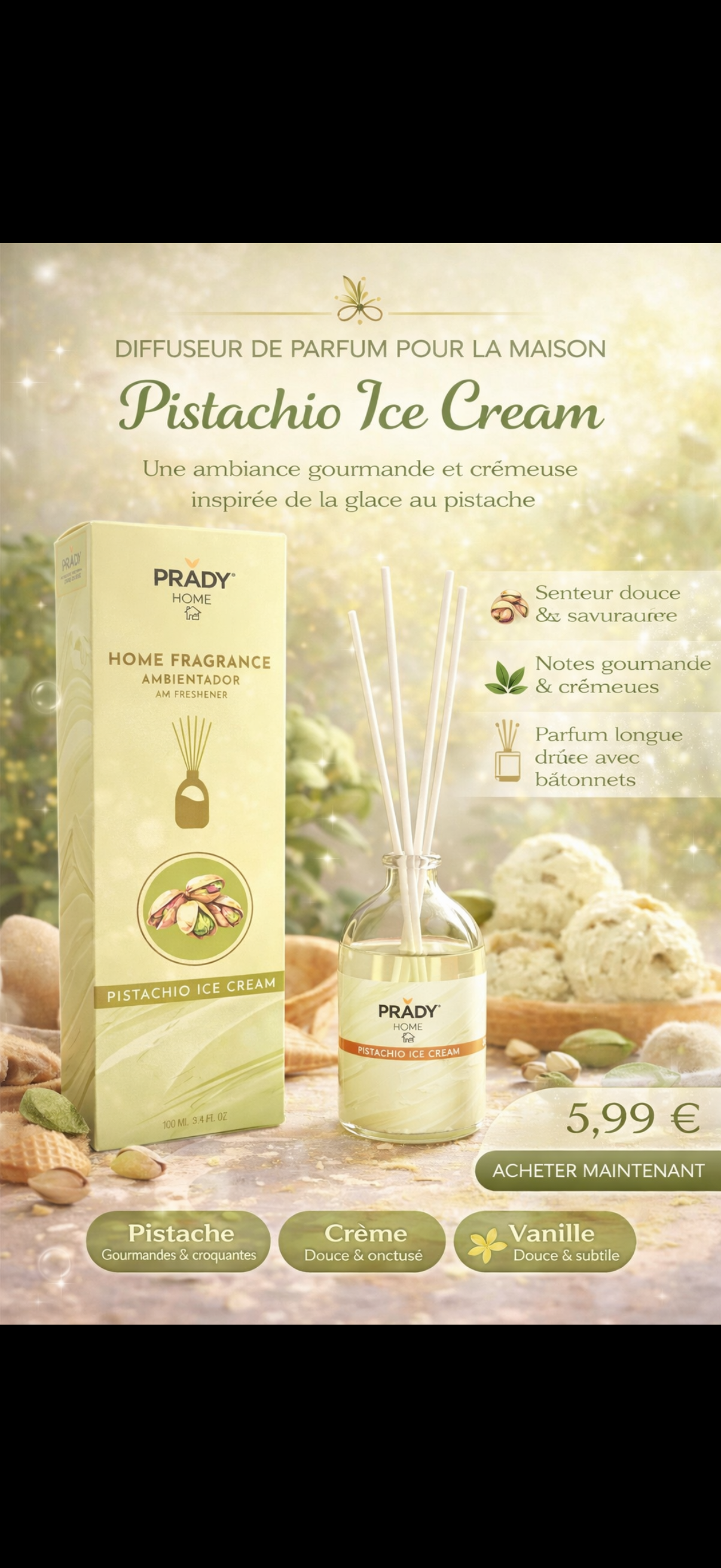 Diffuseur Parfum Maison Pistache Ice Cream – PRADY 100 ml – Ambiance Gourmande