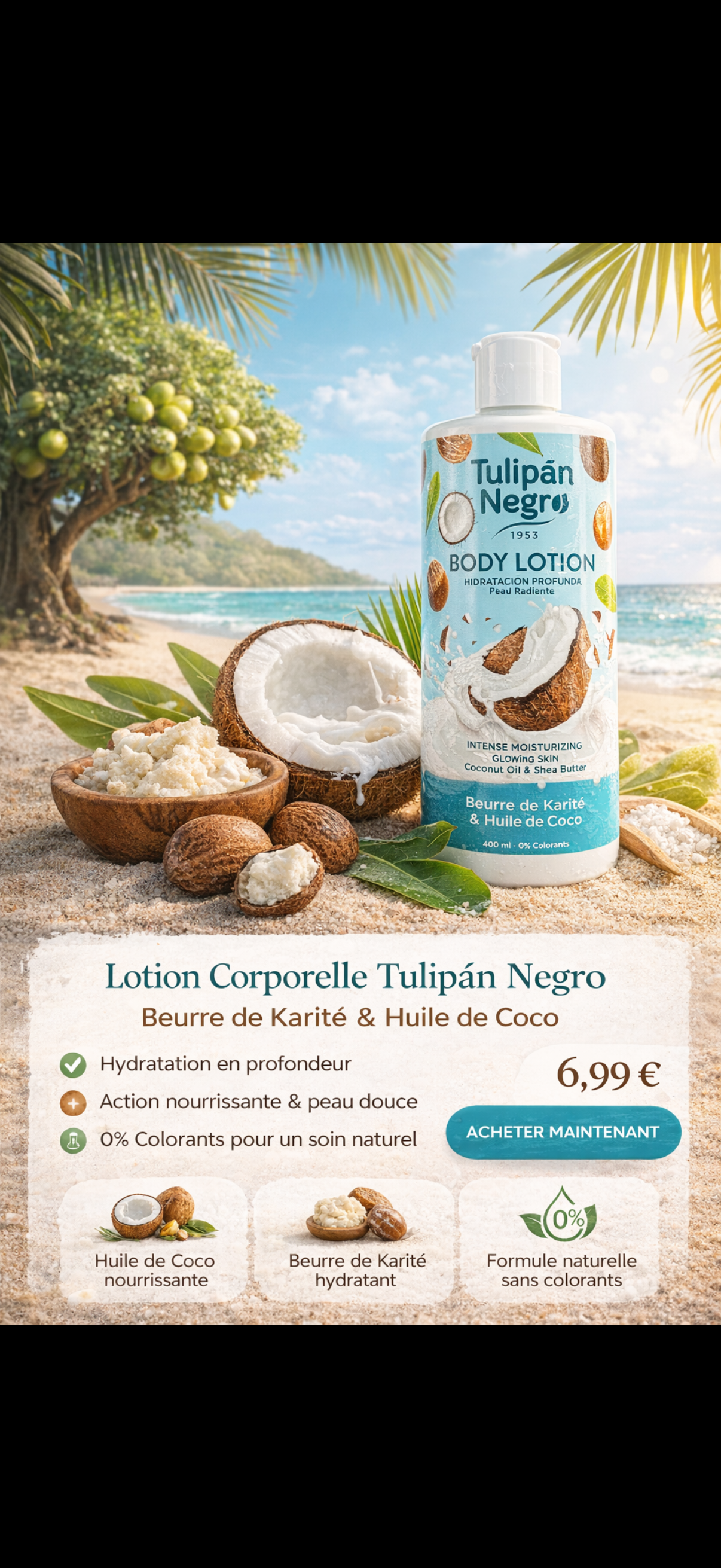 Lotion Corporelle Coco & Karité – Hydratation Intense – Tulipán Negro 400 ml