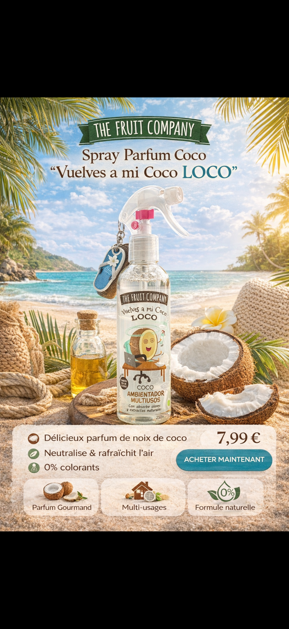 Spray Parfum Coco Multi-Usages – Ambiance Tropicale – The Fruit Company 250 ml